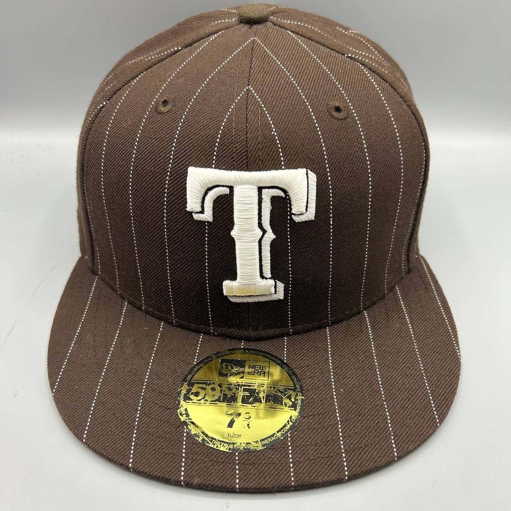 Texas Rangers MLB Hat Men 7 3/4 Brown Striped 59Fifty New Era Fitted Cap Wool